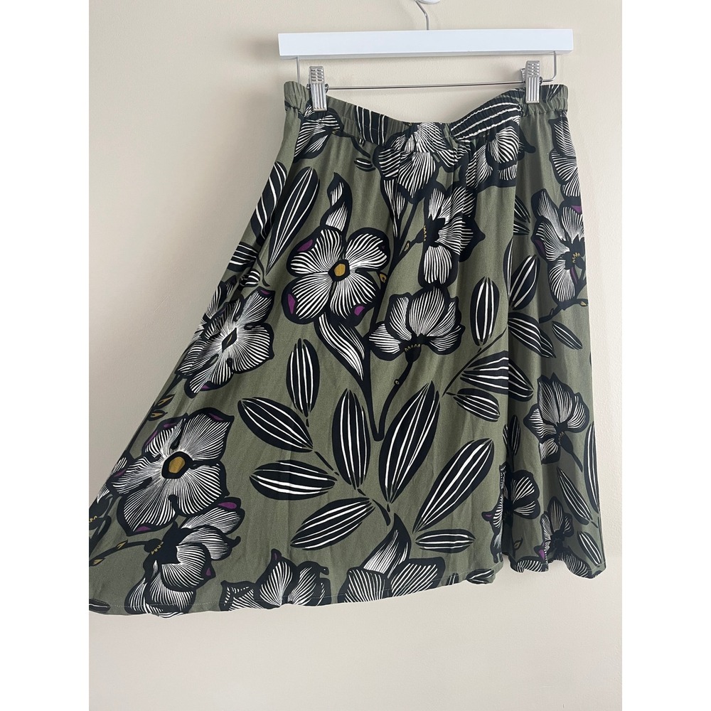 Hartford Paris Midi Skirt Size L/XL Olive Green Graphic Botanical Floral Pockets